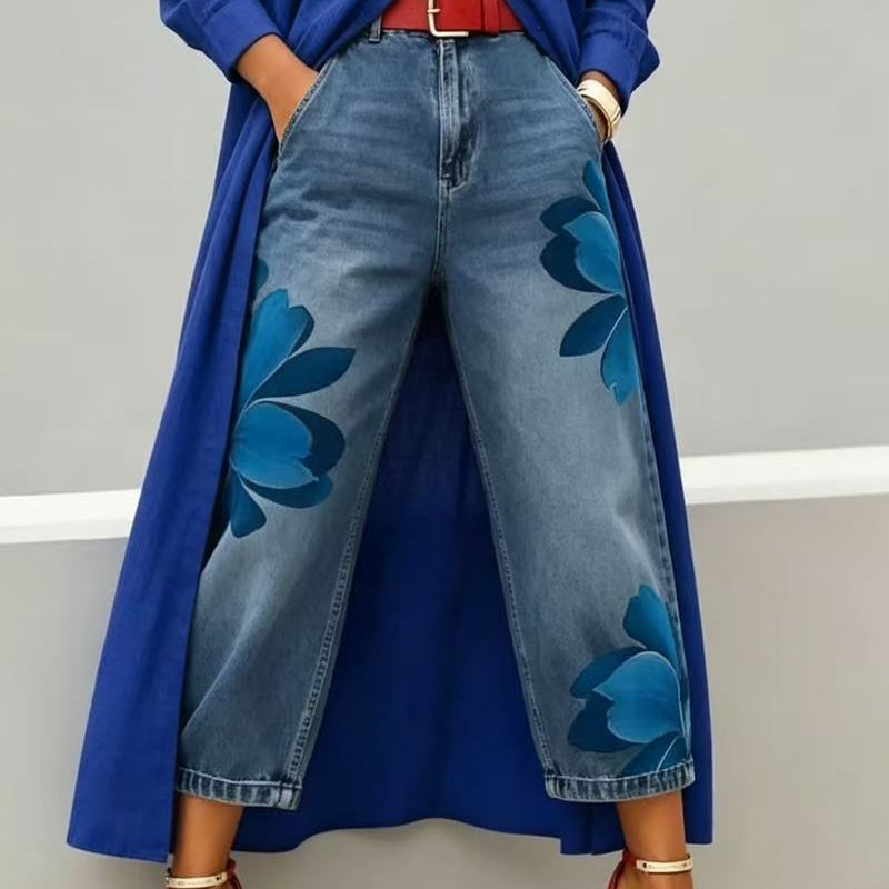 🥳 49% OFF! Artistic Flower Wide-Leg Jeans for Women