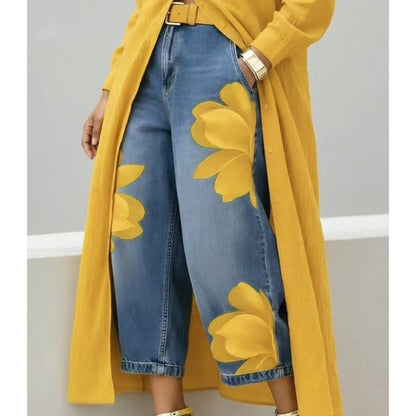 🥳 49% OFF! Artistic Flower Wide-Leg Jeans for Women