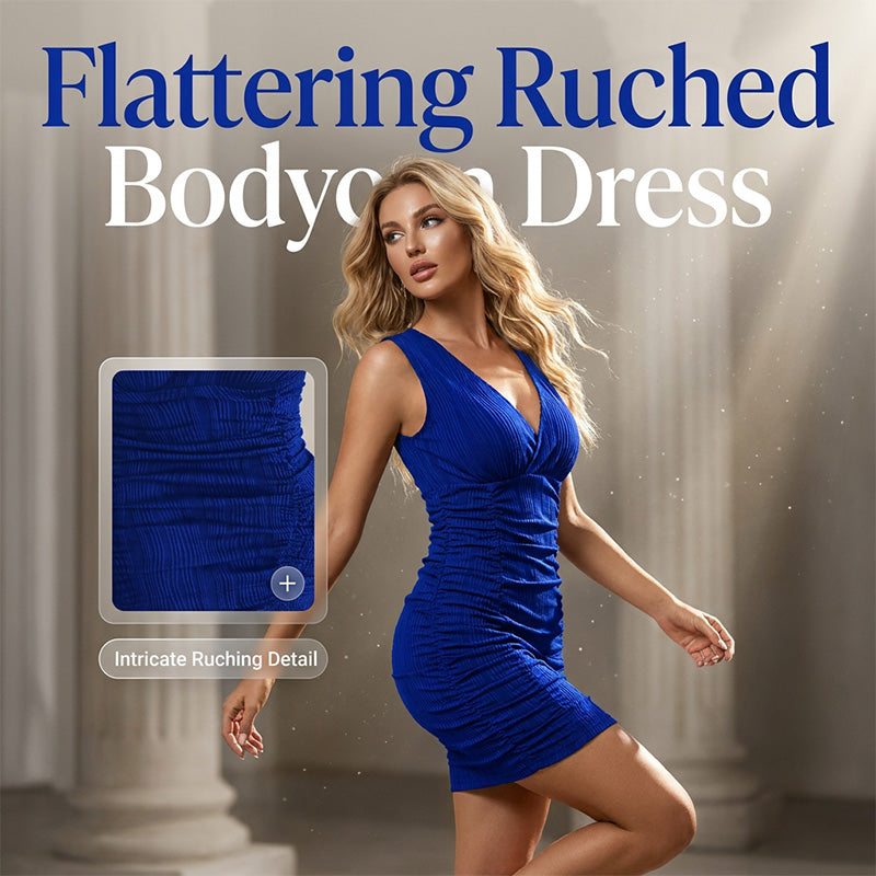 Women's Sleeveless Ruched V-Neck Bodycon Dress
