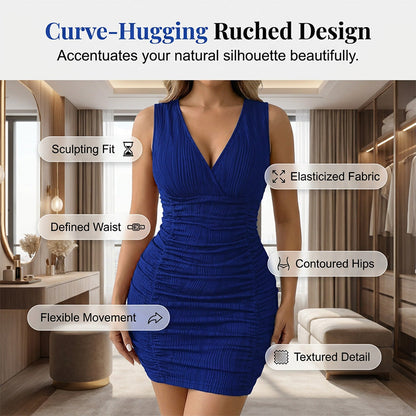 Women's Sleeveless Ruched V-Neck Bodycon Dress
