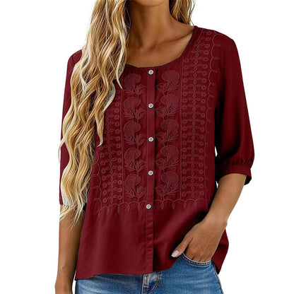 Women's Embroidered Cotton Linen Blouse