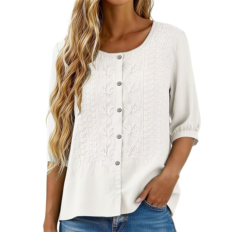 Women's Embroidered Cotton Linen Blouse