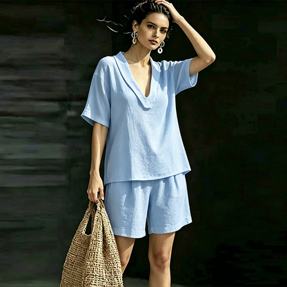 Women's V-Neck Top & Shorts 2-Piece Set