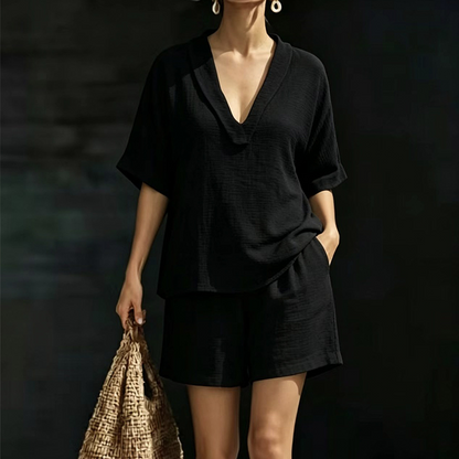 Women's V-Neck Top & Shorts 2-Piece Set