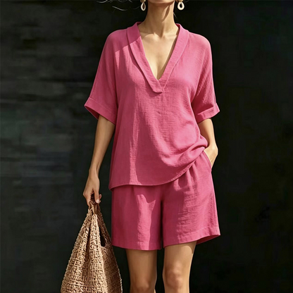 Women's V-Neck Top & Shorts 2-Piece Set