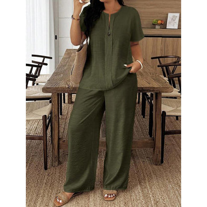 👕Spring Summer New Plus Size Women's Casual Long Sleeve Shirt & Loose Pants Set, ✨Perfect for Vacation & Daily