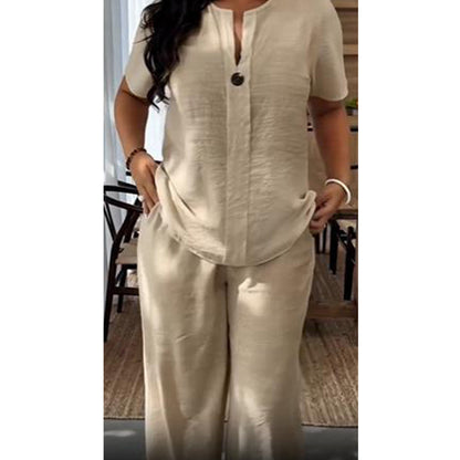 👕Spring Summer New Plus Size Women's Casual Long Sleeve Shirt & Loose Pants Set, ✨Perfect for Vacation & Daily