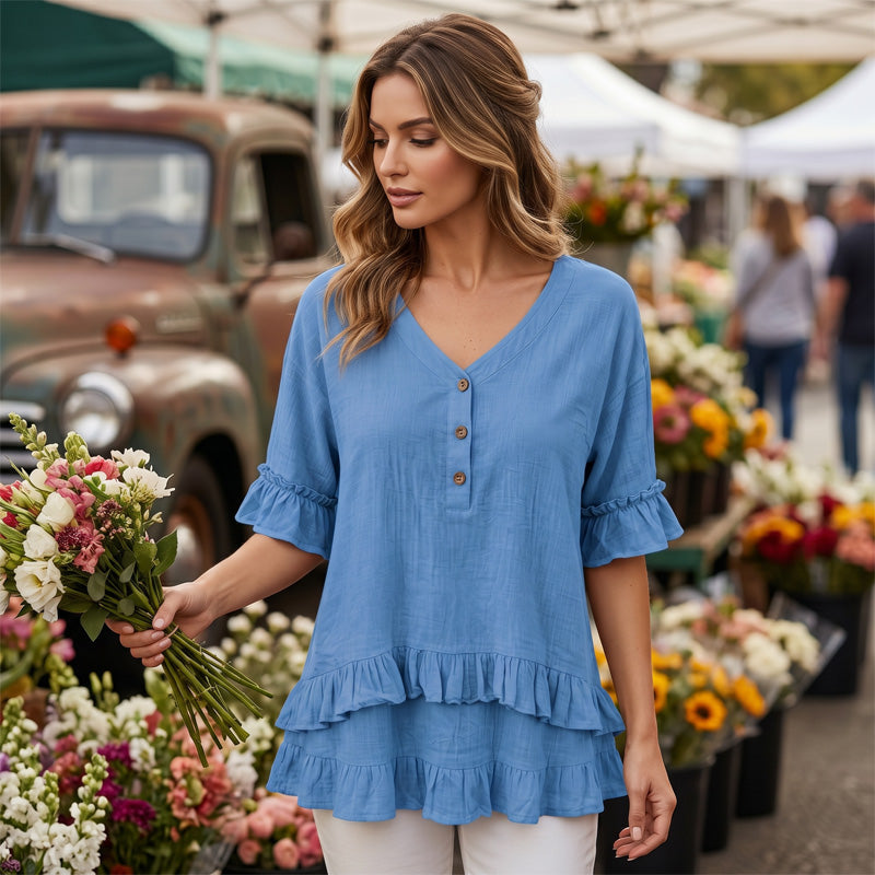 Women's V-Neck Top with Ruffle Hem