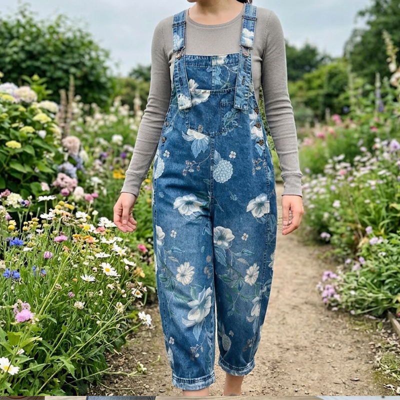 Women’s Vintage Floral Print Denim Overalls