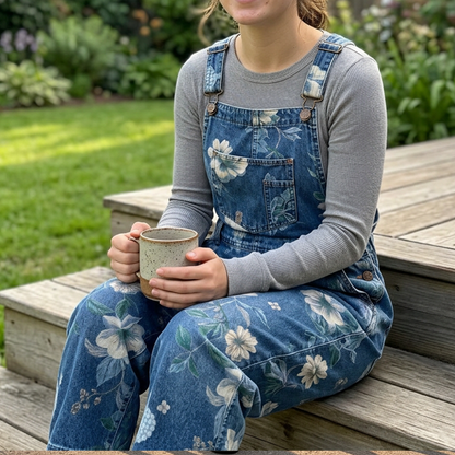 Women’s Vintage Floral Print Denim Overalls