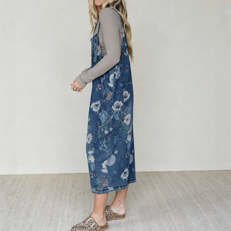 Women’s Vintage Floral Print Denim Overalls
