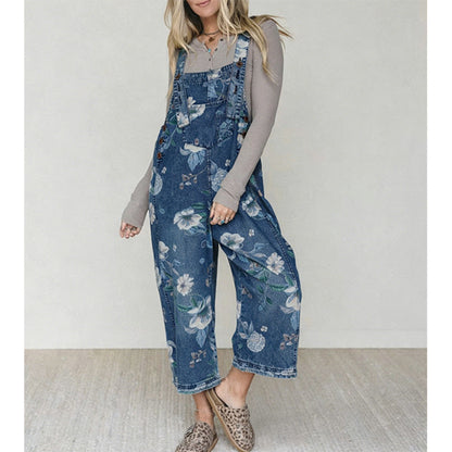 Women’s Vintage Floral Print Denim Overalls