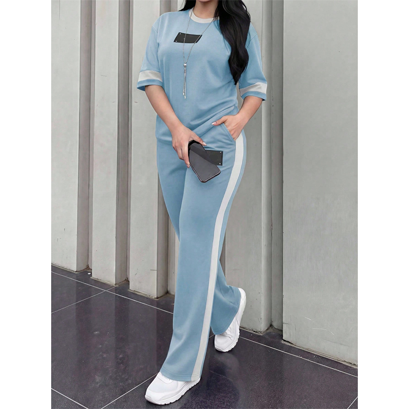 Women's Casual Two-Piece Lounge Set with Stripe Detail