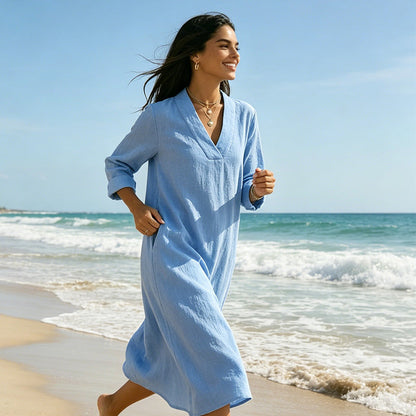 🔥Women’s V-Neck Cotton Linen A Line Dress