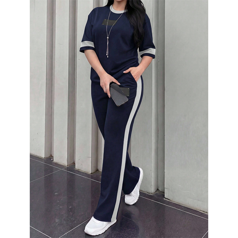 Women's Casual Two-Piece Lounge Set with Stripe Detail