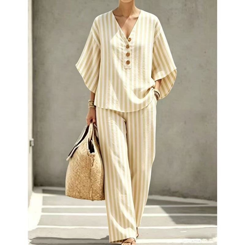👚👖Women's Striped V-Neck Top & Wide-Leg Pants Set