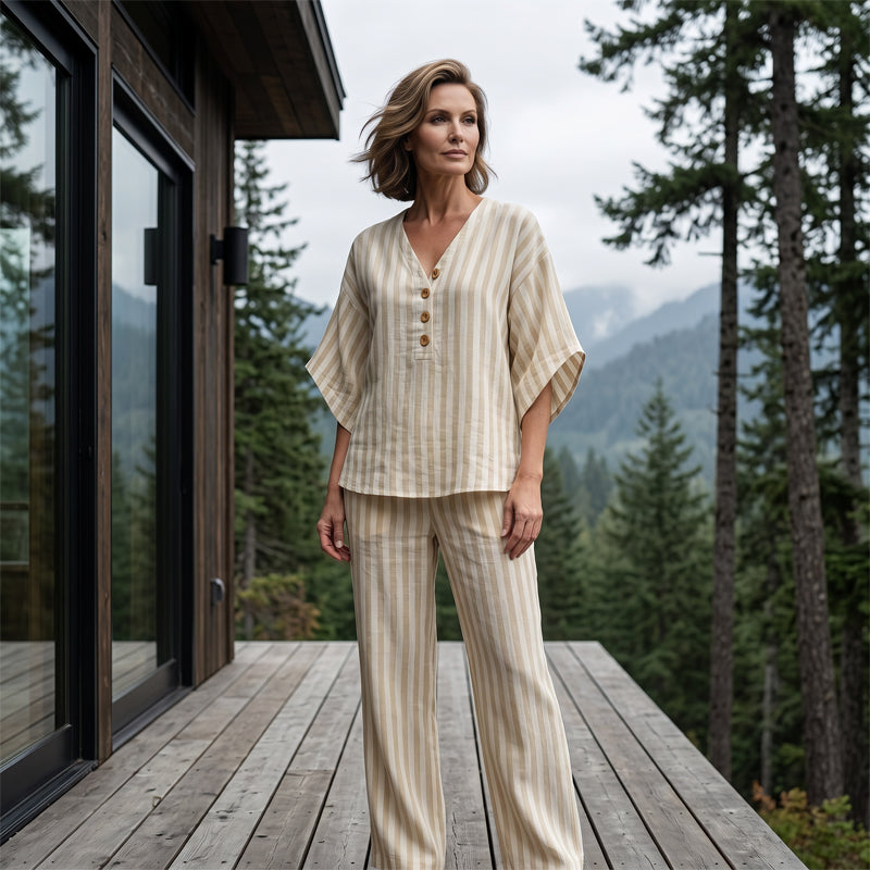 👚👖Women's Striped V-Neck Top & Wide-Leg Pants Set