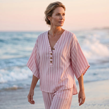 👚👖Women's Striped V-Neck Top & Wide-Leg Pants Set