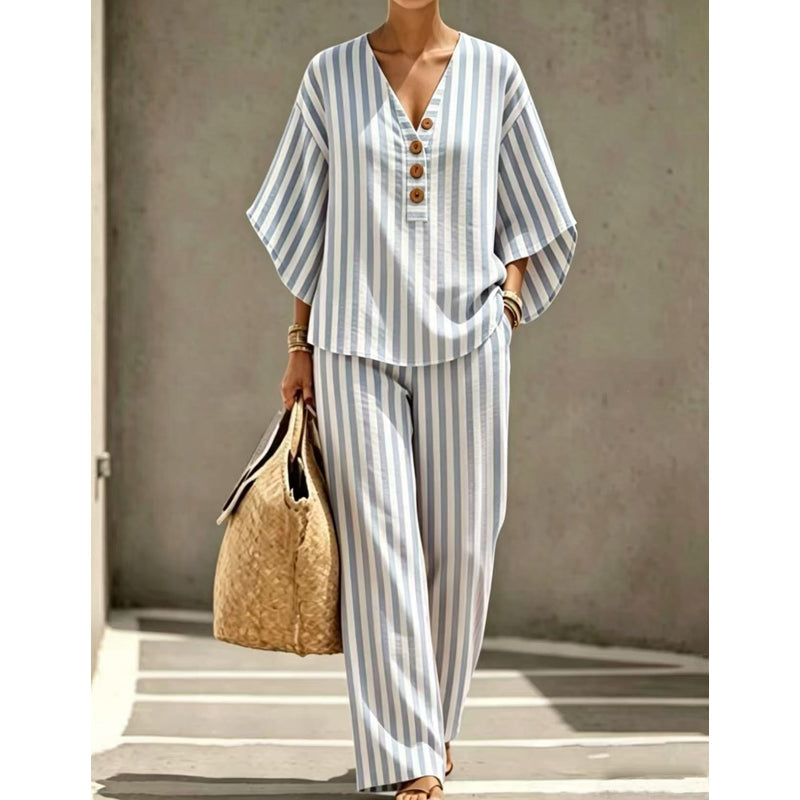 👚👖Women's Striped V-Neck Top & Wide-Leg Pants Set