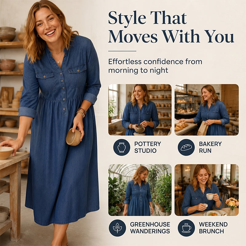 Women's Plus Size Button-Up Denim Maxi Dress