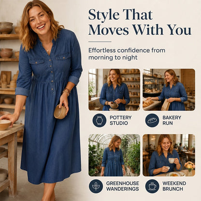 Women's Plus Size Button-Up Denim Maxi Dress