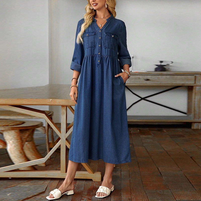 Women's Plus Size Button-Up Denim Maxi Dress