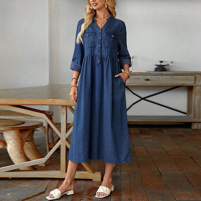 Women's Plus Size Button-Up Denim Maxi Dress