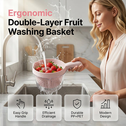 Double-Layer Fruit Washing Basket with Handle and Pour Spout