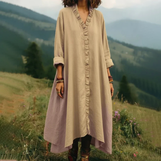 V-Neck Ruffle Trim Loose Maxi Dress