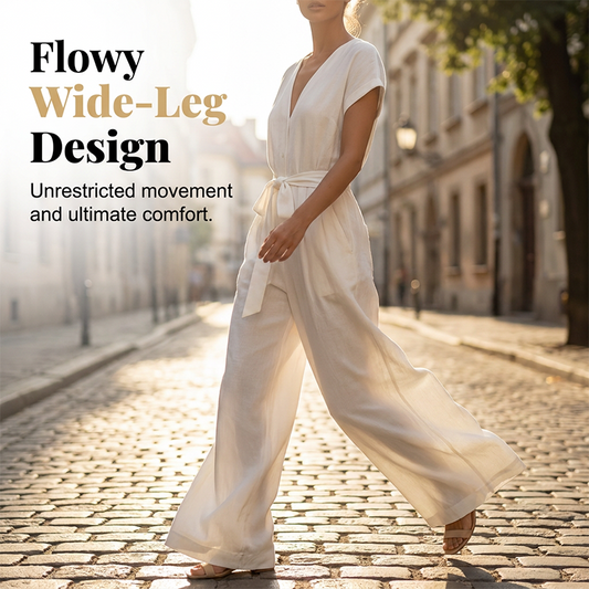 Women's V-Neck Wide-Leg Jumpsuit with Tie-Waist