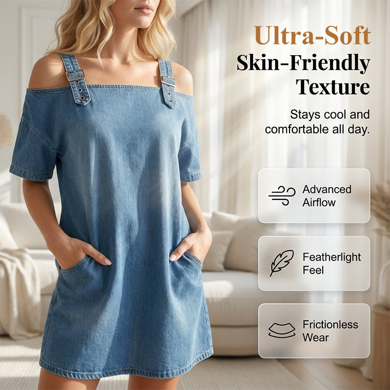 Women‘s Denim Dress with Adjustable Buckles and Pockets