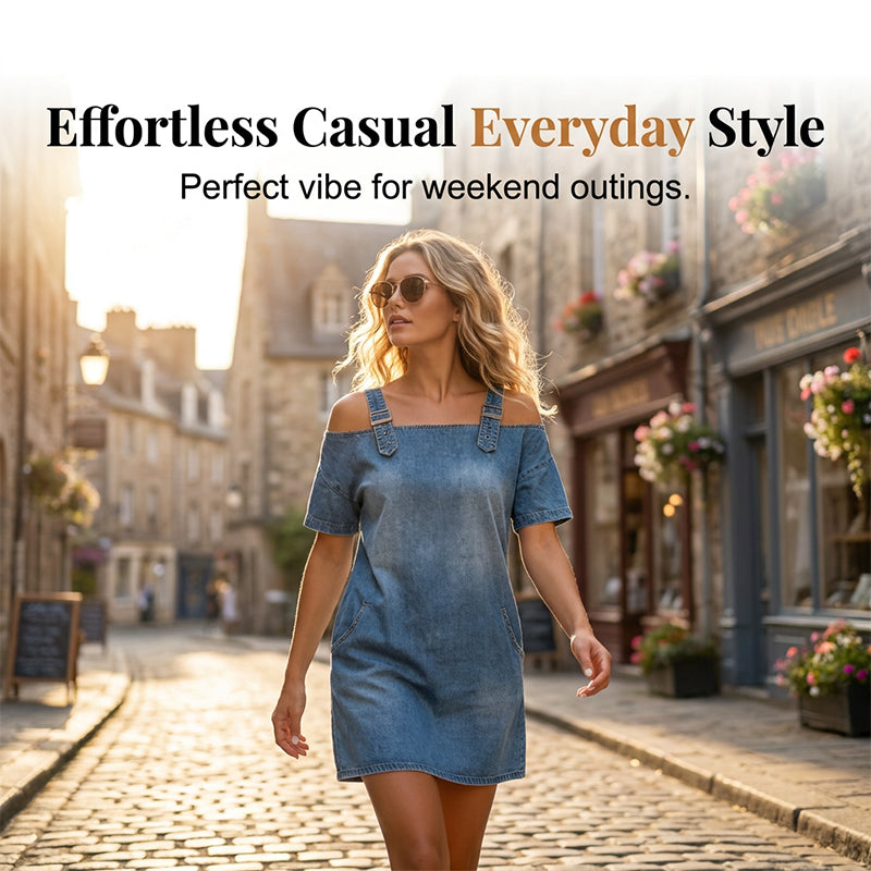 Women‘s Denim Dress with Adjustable Buckles and Pockets