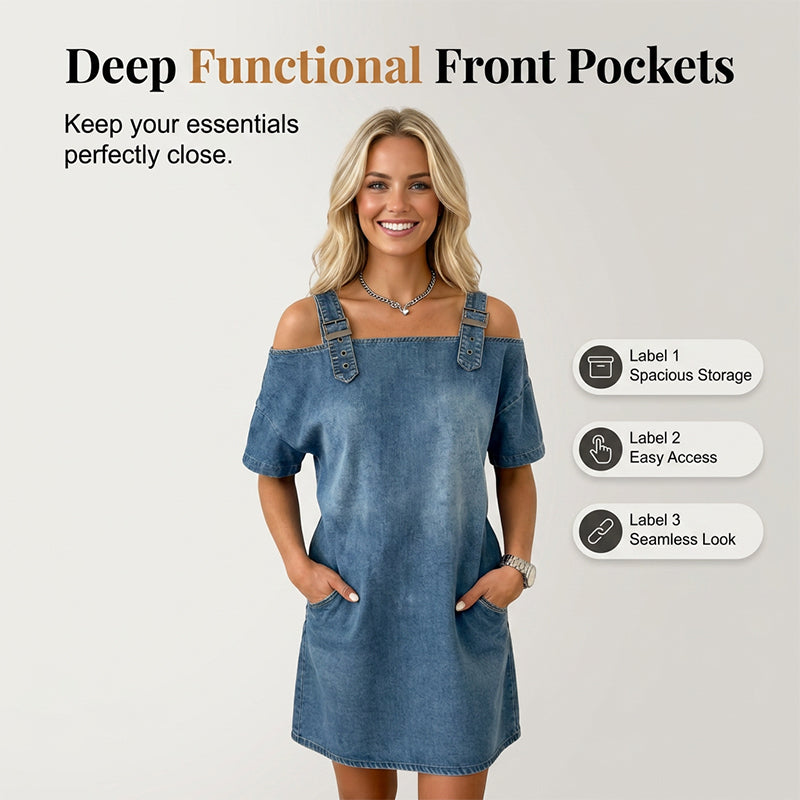 Women‘s Denim Dress with Adjustable Buckles and Pockets