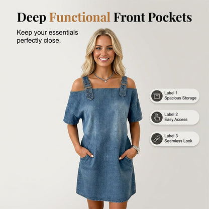 Women‘s Denim Dress with Adjustable Buckles and Pockets