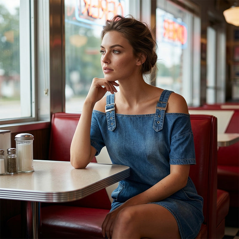 Women‘s Denim Dress with Adjustable Buckles and Pockets