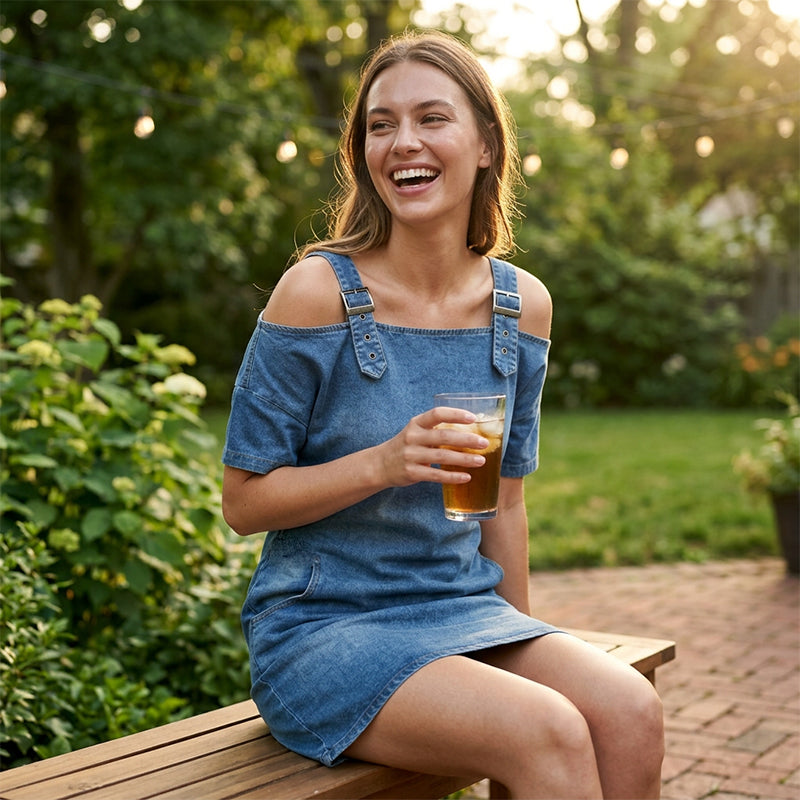 Women‘s Denim Dress with Adjustable Buckles and Pockets