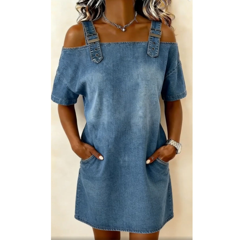 Women‘s Denim Dress with Adjustable Buckles and Pockets