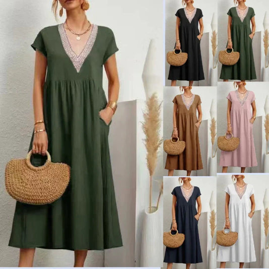 Women’s Elegant V-Neck Short Sleeve Loose Fit Dress