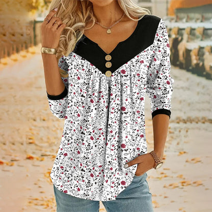 Women's Printed V-Neck Long Sleeve T-Shirt