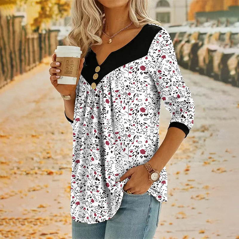 Women's Printed V-Neck Long Sleeve T-Shirt