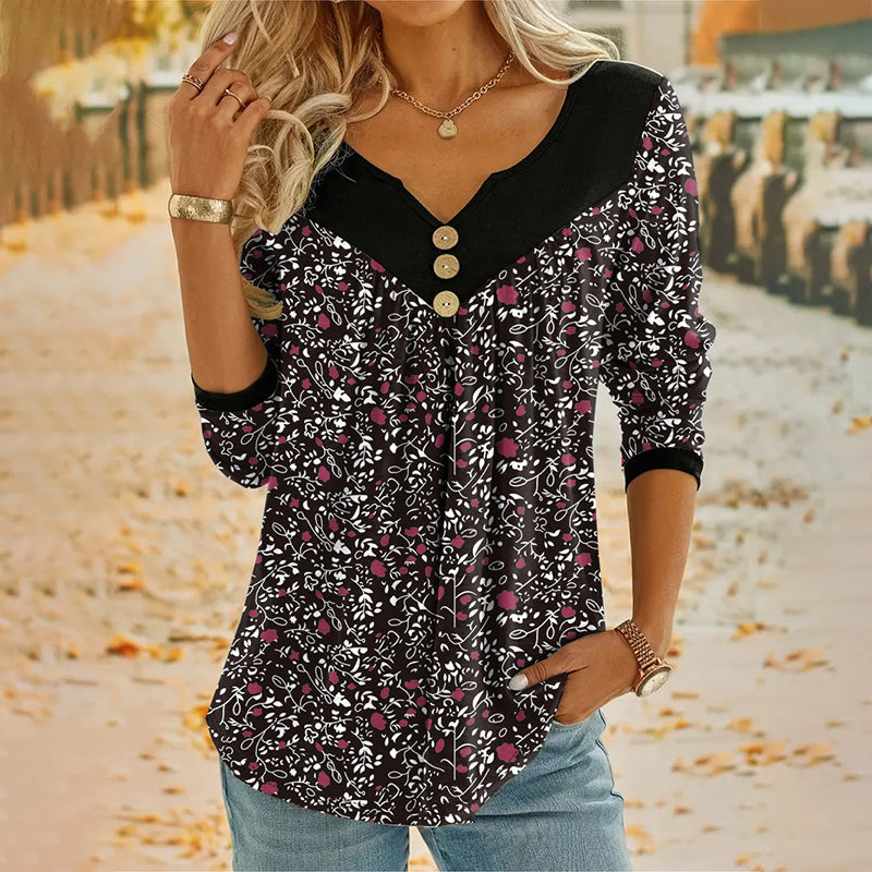 Women's Printed V-Neck Long Sleeve T-Shirt