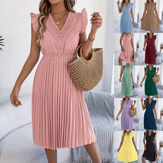 Women's Lace V-Neck Ruffle Sleeve Pleated Midi Dress