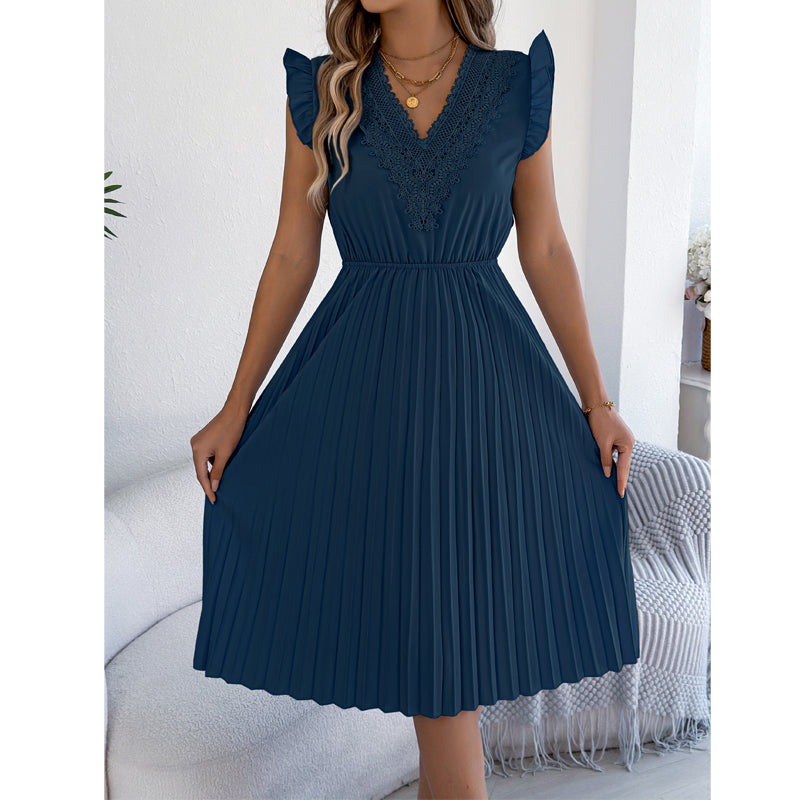 Women's Lace V-Neck Ruffle Sleeve Pleated Midi Dress
