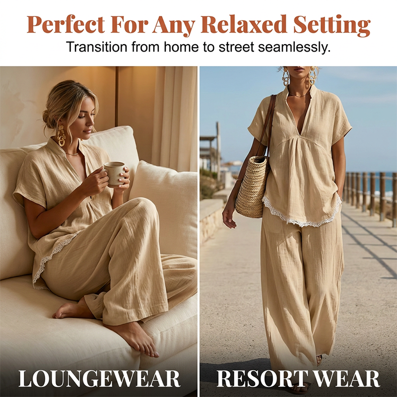 Women's V-Neck Top and Wide-Leg Pants Lounge Set