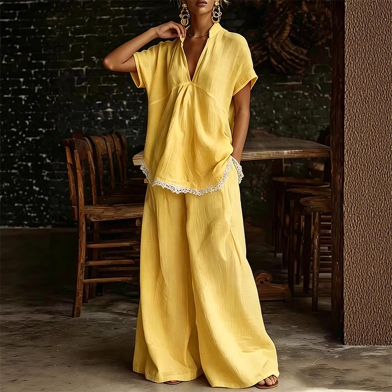 Women's V-Neck Top and Wide-Leg Pants Lounge Set