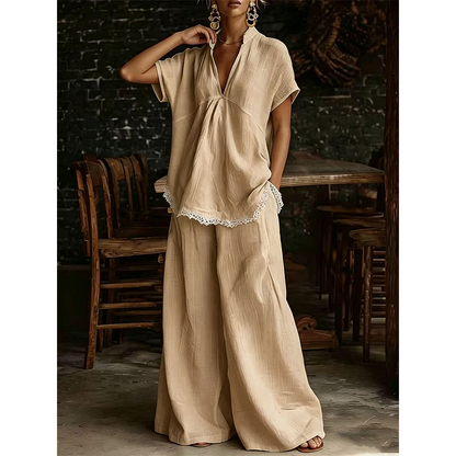 Women's V-Neck Top and Wide-Leg Pants Lounge Set