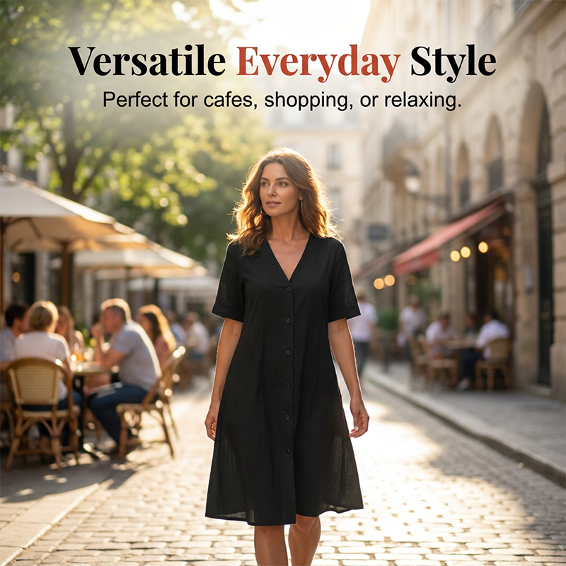 Women's Short Sleeve V-Neck Button-Front Midi Dress