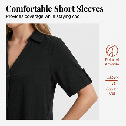 Women's Short Sleeve V-Neck Button-Front Midi Dress