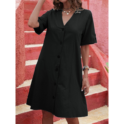 Women's Short Sleeve V-Neck Button-Front Midi Dress