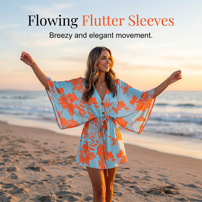 Women Summer V-Neck Flutter Sleeve Vacation Dress with Drawstring